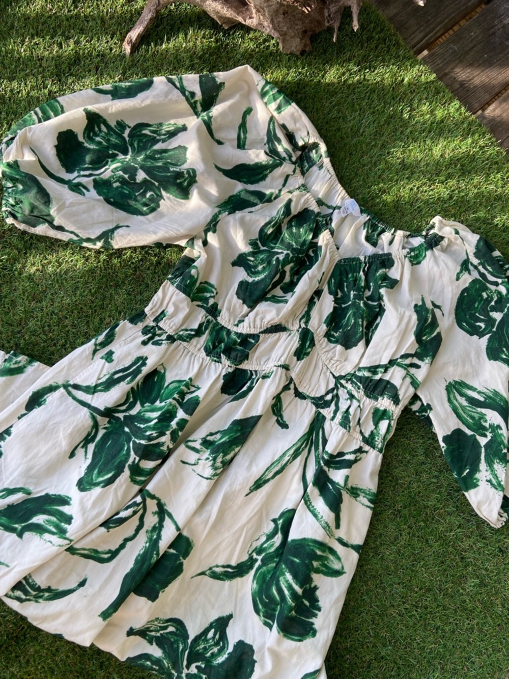 NEW Time and Tru Tan Dress with Green Floral Print Maxi POCKETS women’s 16/18
